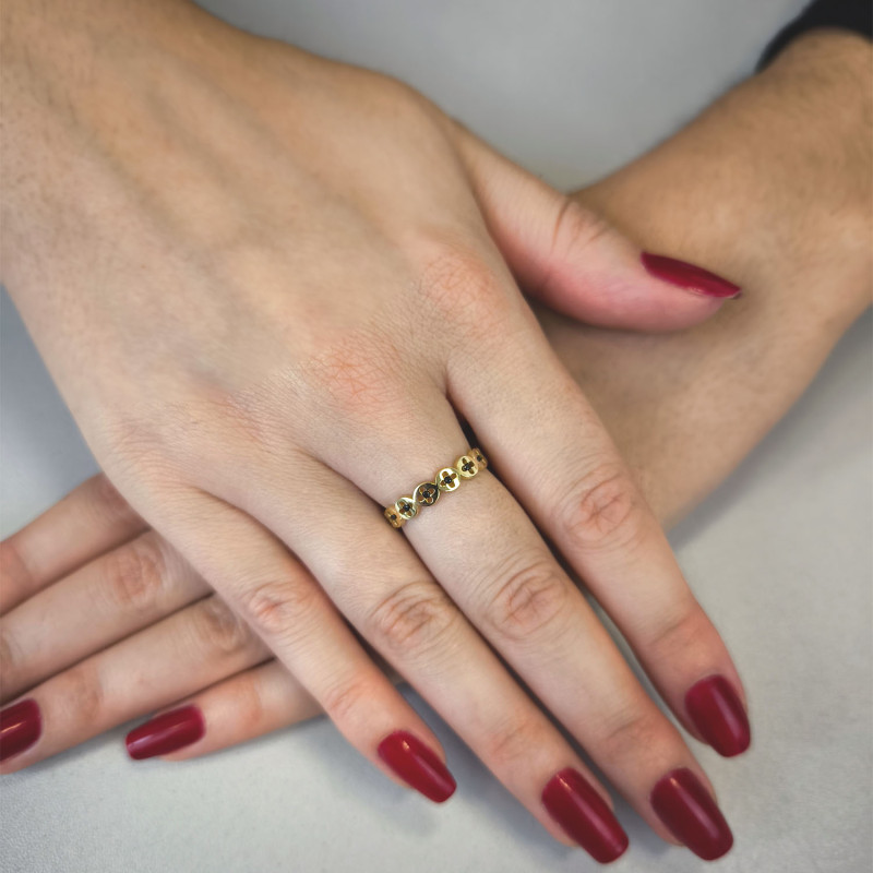 Pierścionek złoty obrączkowy kwiaty z czarnymi cyrkoniami S3 ZDY-004 black próba 585