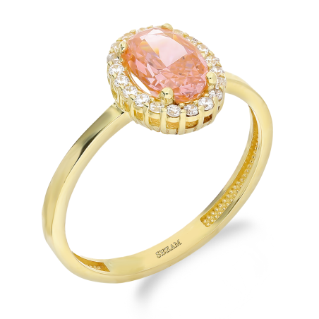 Pierścionek złoty z jasno-różową owalną cyrkonią