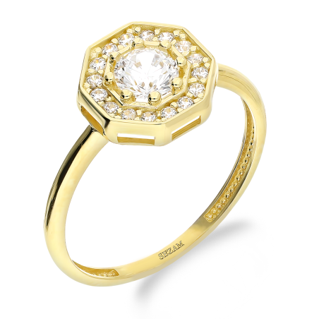 Pierścionek złoty ośmiokąt z białymi cyrkoniami