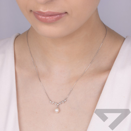 Naszyjnik srebrny biała perła na gałązce z cyrkoniami/anker PW634 próba 925