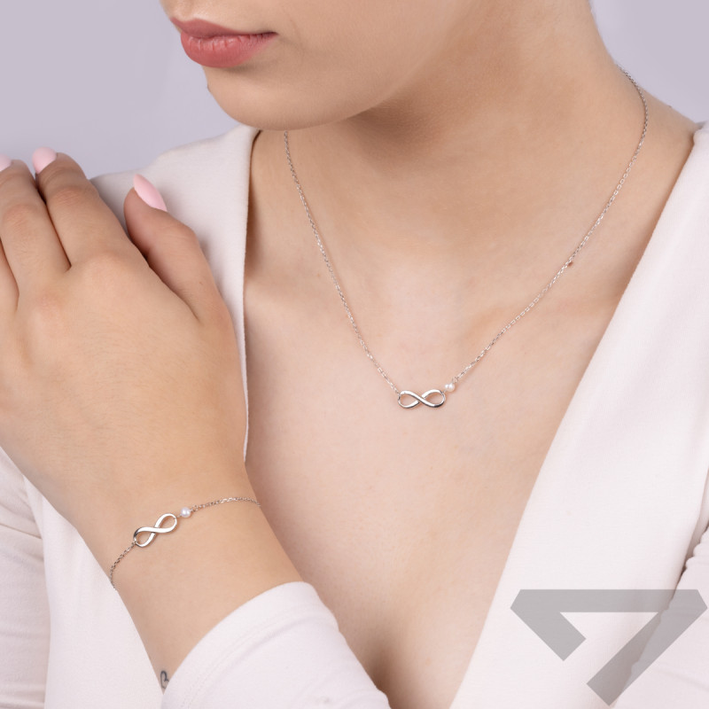 Naszyjnik srebrny infinity i biała perła/anker PW636 próba 925