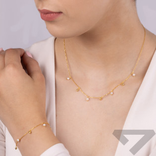 Naszyjnik pozłacany z białymi perłami i grawerowanymi kulkami/anker PW635 próba 925