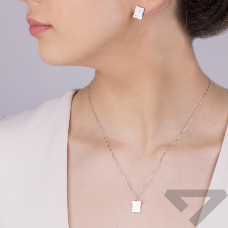 Komplet srebrny kolczyki i naszyjnik blaszka z napisem love  JA1116 ROD próba 925