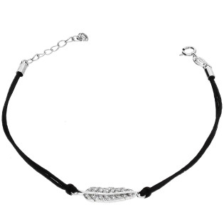 Bransoleta srebrna listek z cyrkoniami na czarnym sznurku PW NEW 282 ROD czarny próba 925