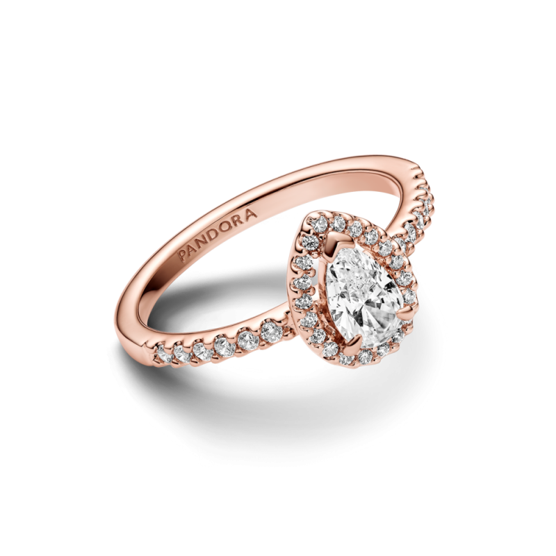 Pierścionek Pandora ze lśniącym kamieniem w kształcie łezki w obwódce 182835C01