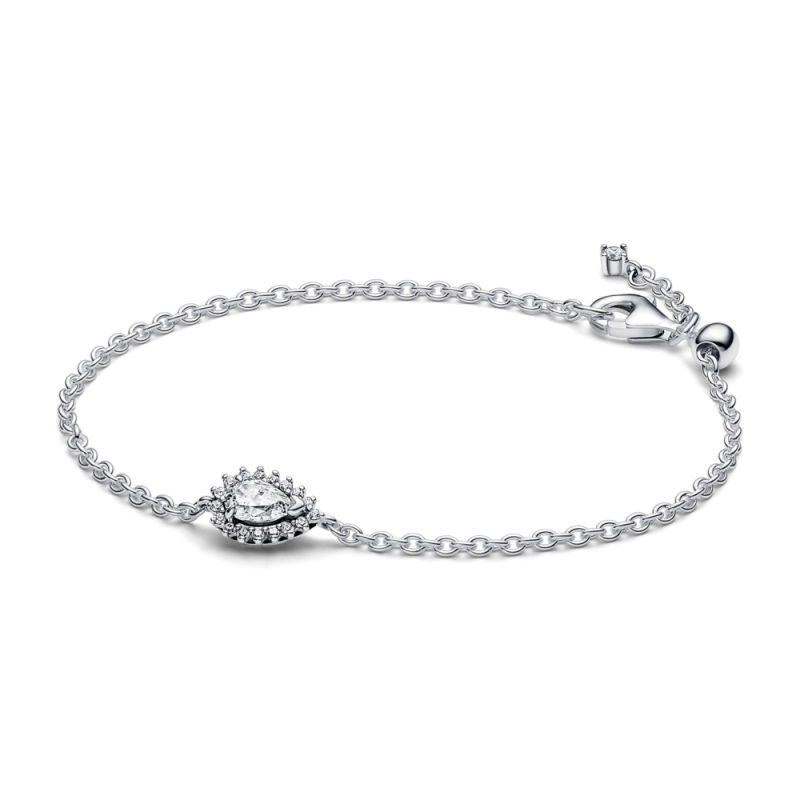 Bransoletka na łańcuszku ze lśniącym kamieniem w kształcie łezki w obwódce 593001C01 próba 925