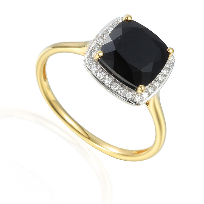Pierścionek złoty z czarnym agatem i diamentami AW 62906 Y-AGA kwadrat próba 585