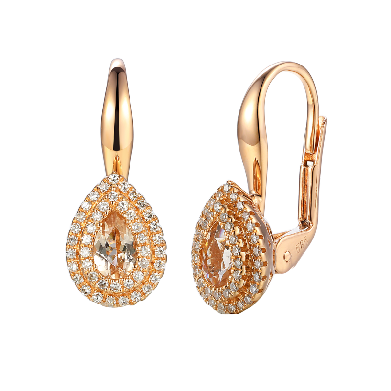 Kolczyki z różowego złota z morganitem i białymi diamentami/big.zam. AW 87498 R-MO kropla Markiza próba 585
