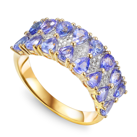 Pierścionek zaręczynowy z tanzanitami i białymi diamentami AW 84144 Y-TA krople line próba 585