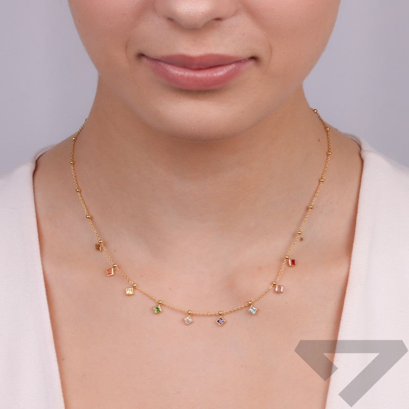 Naszyjnik pozłacany z kolorowymi cyrkoniami w formie trapezów/rolo TA 11402 G próba 925