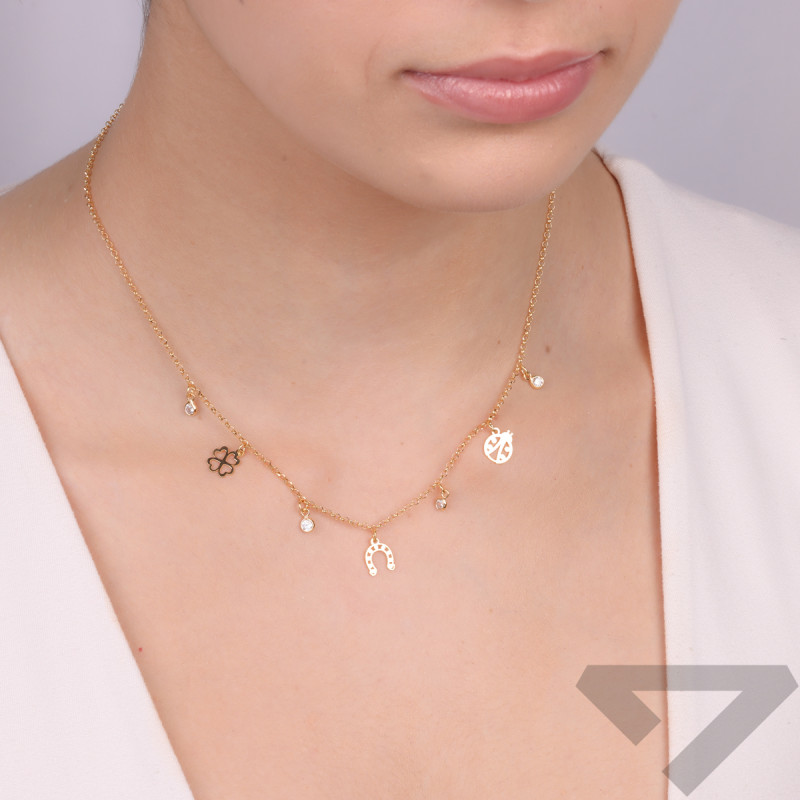 Naszyjnik pozłacany białe cyrkonie, koniczyna, biedronka i podkowa/rolo TA 11127 G próba 925