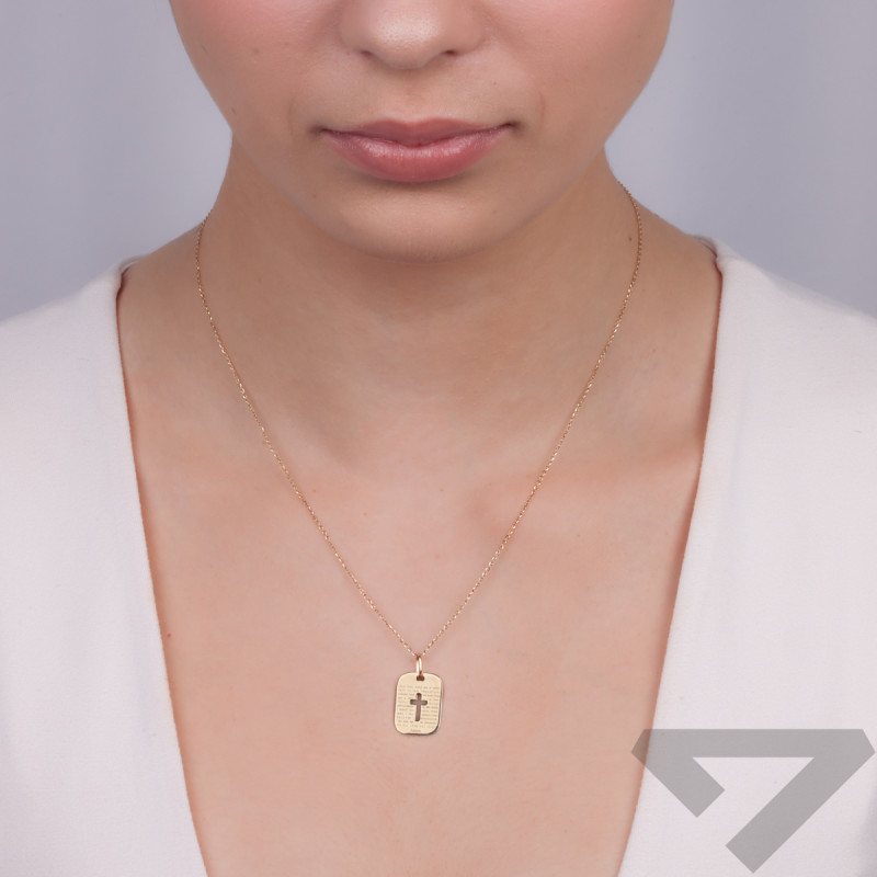 Medalik złoty blaszka z wyciętym krzyżem i modlitwą CB-033 PR próba 585