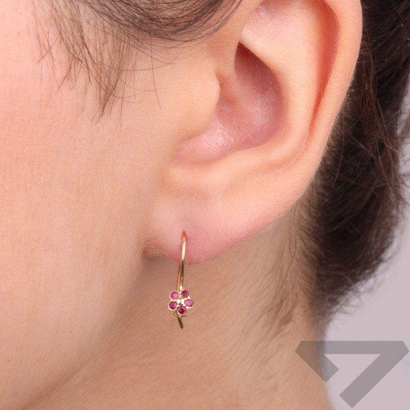 Kolczyki złote dla dziewczynki kwiat z czerwonymi cyrkoniami próba 585