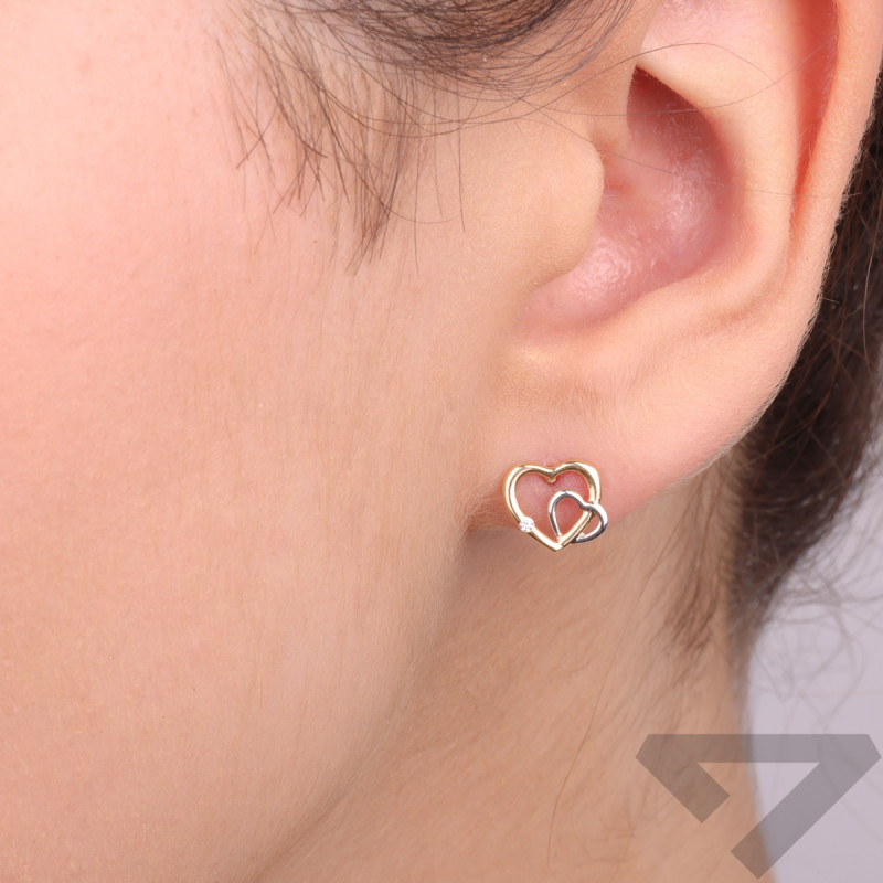 Kolczyki złote dwa serca i cyrkonia