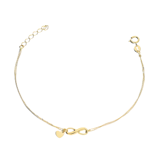 Bransoletka złota infinity i gładkie serce na podwójnym łańcuszku
