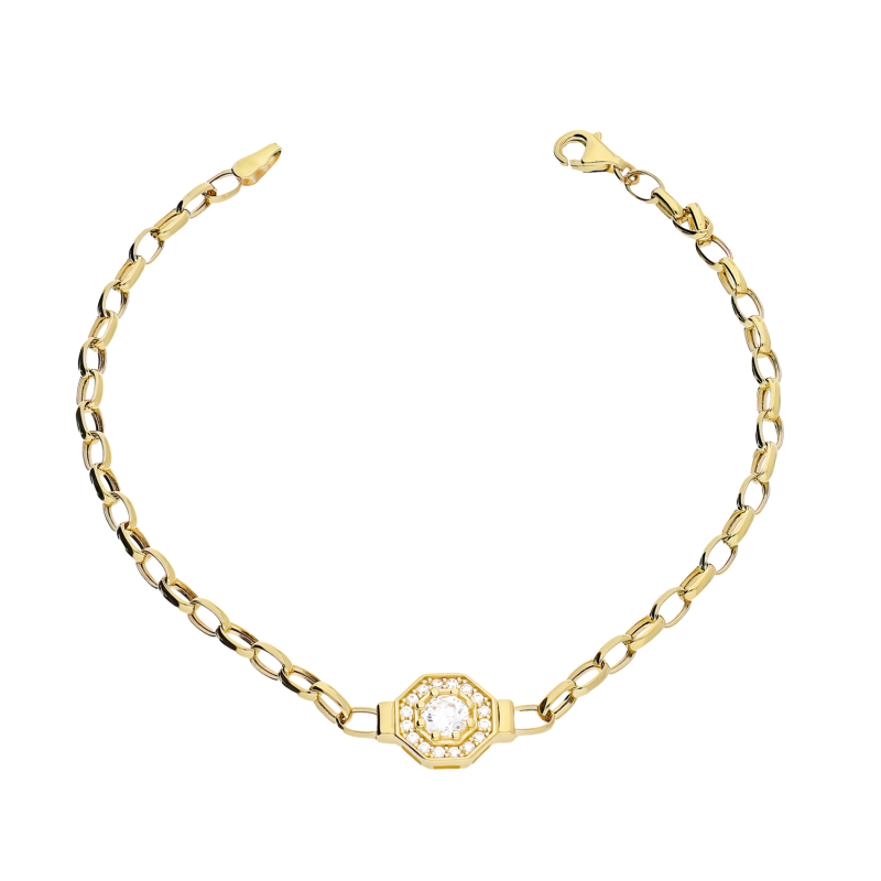 Bransoleta złota ośmiokąt z białymi cyrkoniami na łańcuszku rolo