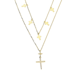 Naszyjnik pozłacany podwójny z krzyżykami/anker PW412 GOLD próba 925