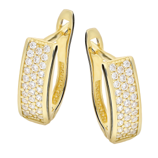 Kolczyki złote blaszki z trzema rzędami białych cyrkonii