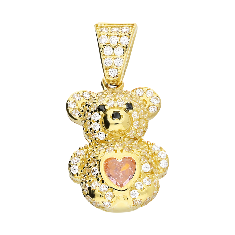 Zawieszka złota dla dziewczynki miś z białymi cyrkoniami i sercem PY P18P-5 próba 585