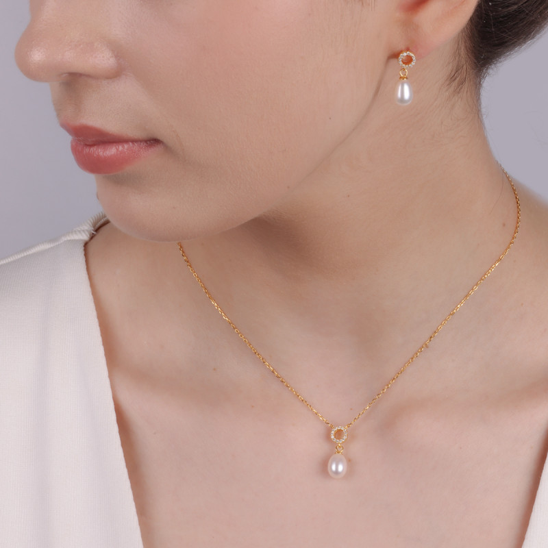 Naszyjnik pozłacany z białą perłą i kółkiem z cyrkoniami/anker NI ORZ00106-GIZ00095 GOLD próba 925