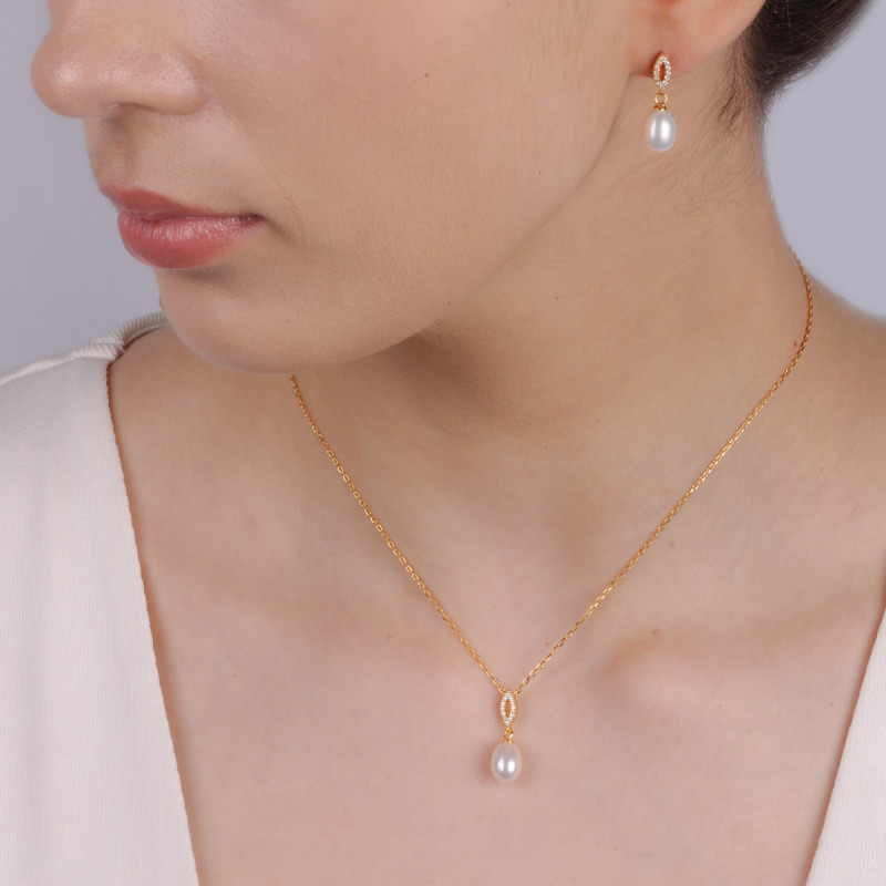 Naszyjnik pozłacany z białą perłą i kroplą z cyrkoniami/anker NI ORZ00107-GIZ00096 GOLD próba 925