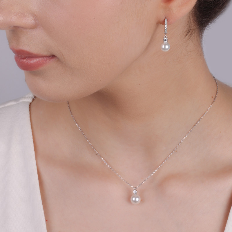 Naszyjnik srebrny z białą perłą i cyrkonią/anker NI ORZ00086-GIZ00089 ROD próba 925