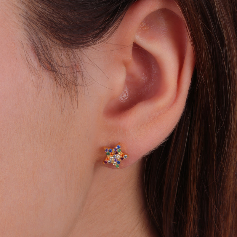 Kolczyki pozłacane gwiazda z kolorowymi cyrkoniami/sztyft NI ORZ00132 GOLD próba 925