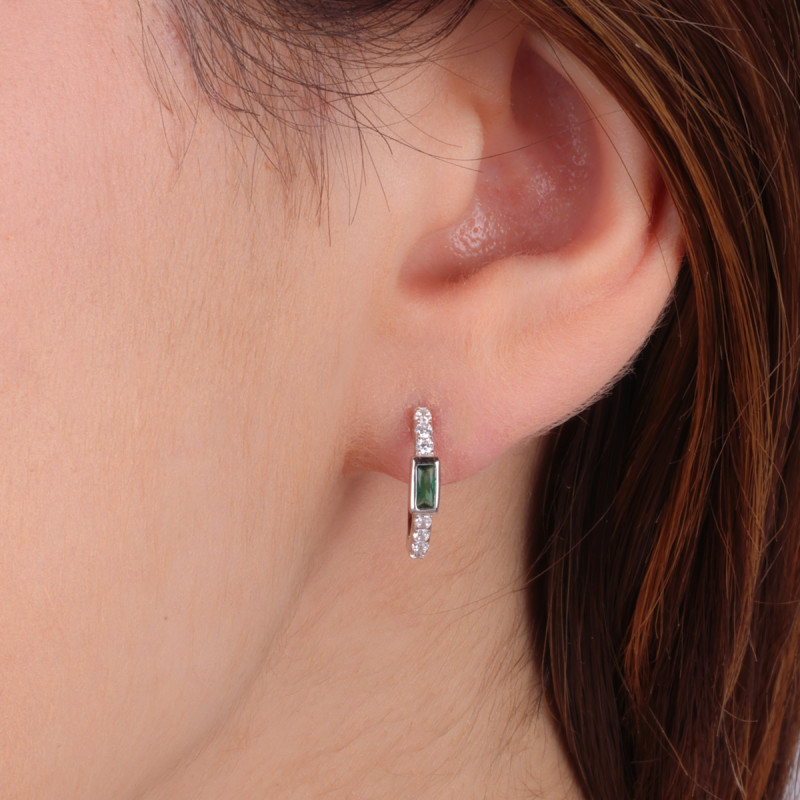 Kolczyki srebrne kółka 10 mm z zieloną cyrkonią bagietą/zatrzask NI ORZ00216 ROD GR próba 925