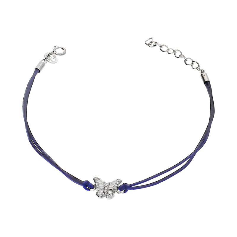 Bransoleta srebrna motyl z cyrkoniami na granatowym sznurku DA1001 ROD granatowy próba 925
