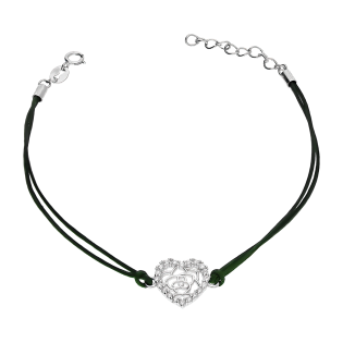 Bransoleta srebrna ażurowe serce z cyrkoniami na zielonym sznurku DA1003 ROD zielony próba 925