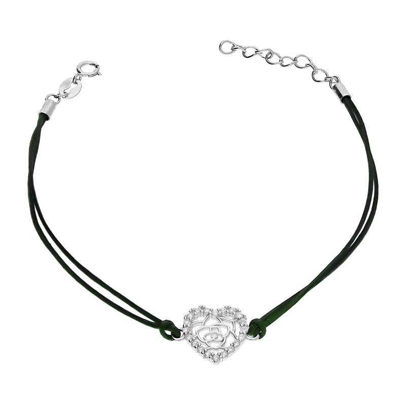 Bransoleta srebrna ażurowe serce z cyrkoniami na zielonym sznurku DA1003 ROD zielony próba 925
