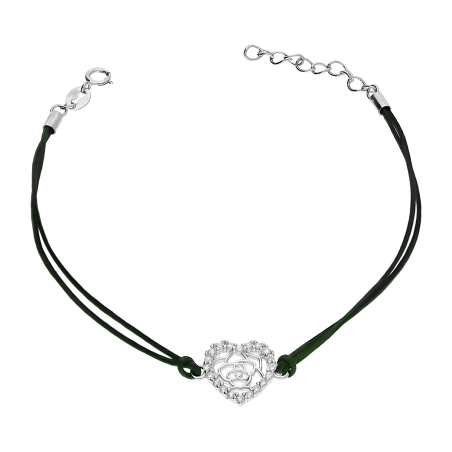 Bransoleta srebrna ażurowe serce z cyrkoniami na zielonym sznurku DA1003 ROD zielony próba 925