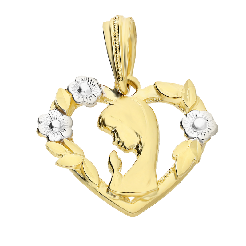 Medalik złoty główka Matki Boskiej w sercu z kwiatami DJ443 próba 585