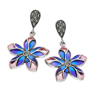 Kolczyki srebrne kwiatek z niebiesko-fioletowym witrażem/sztyft SR 411 n+f próba 925