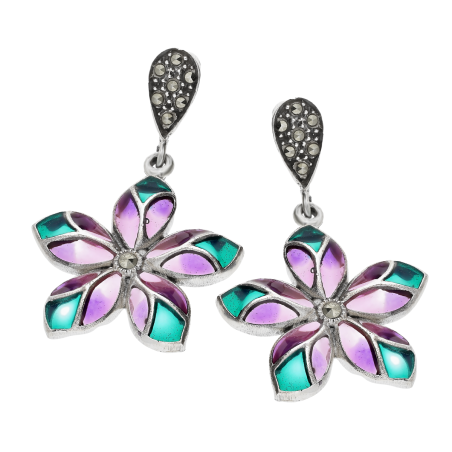 Kolczyki srebrne kwiat z zielono-fioletowym witrażem/sztyft SR 411 z+f próba 925