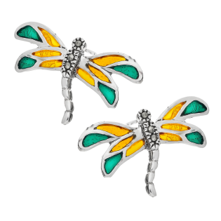 Kolczyki srebrne ważka z pomarańczowo-zielonym witrażem/sztyft SR 412 p+z próba 925