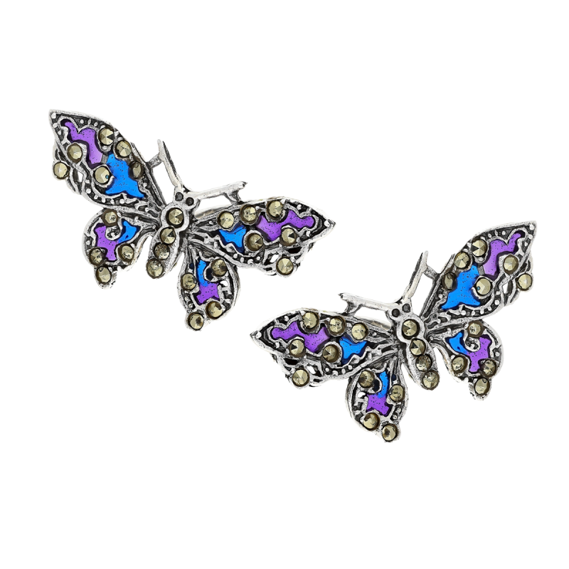 Kolczyki srebrne motyl z fioletowo-niebieskim witrażem/sztyft SR 414 f+n próba 925