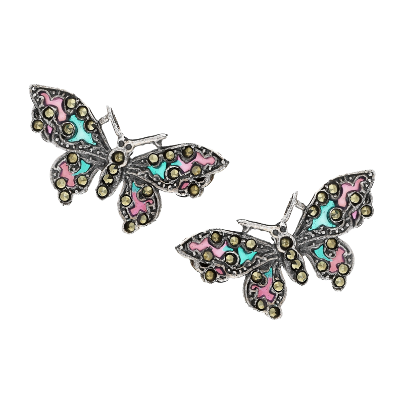 Kolczyki srebrne motyl z fioletowo-zielonym witrażem/sztyft SR 414 f+z próba 925