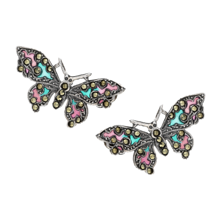 Kolczyki srebrne motyl z fioletowo-zielonym witrażem/sztyft SR 414 f+z próba 925