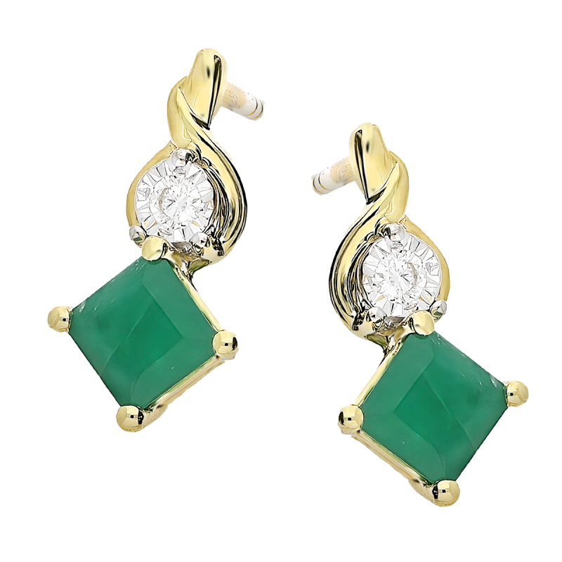 Kolczyki złote kwadratowy szmaragd i biały diament/sztyft TK 20190-6475-7739 EM square Magic próba 375