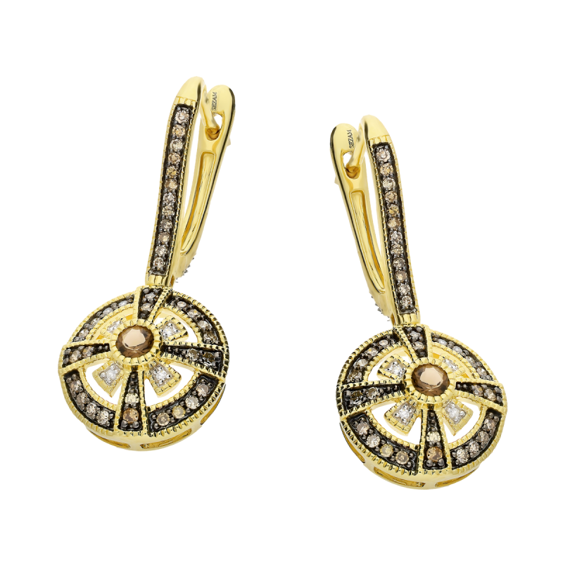 Kolczyki złote kwarc dymny i szampańskie diamenty/ang.zap. TK 21180-6641-7854 CHSQ round próba 585