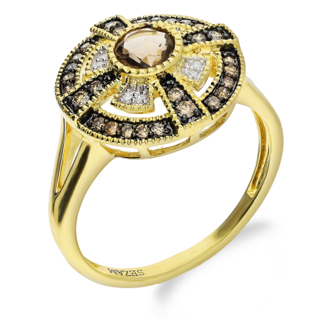 Pierścionek złoty kwarc dymny i szampańskie diamenty TK 21180-6641-7854 CHSQ round próba 585