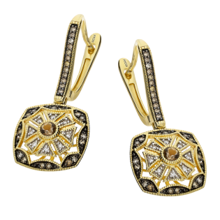 Kolczyki złote kwarc dymny z szampańskimi diamentami/ang.zap. TK 21206-6648-7869 CHSQ square próba 585