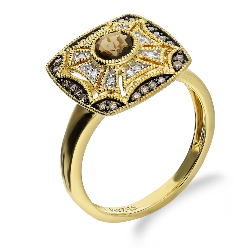 Pierścionek złoty kwarc dymny z szampańskimi diamentami TK 21206-6648-7869 CHSQ square próba 585