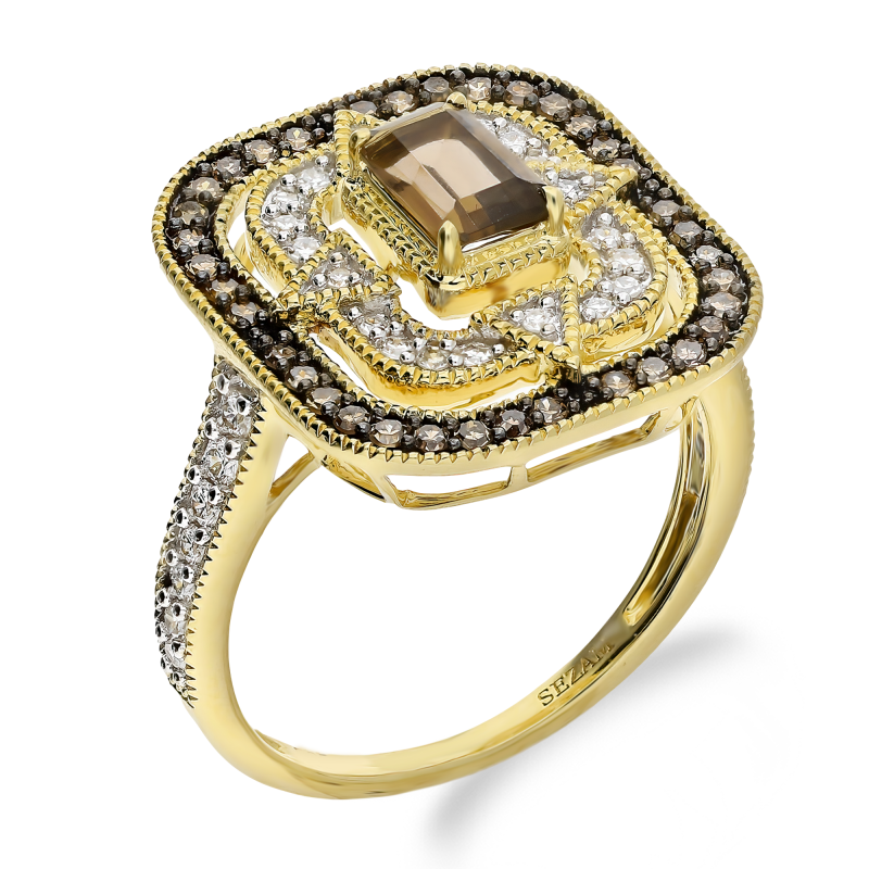 Pierścionek zaręczynowy z kwarcem dymnym i szampańskimi diamenami TK 21229 CHSQ octagon próba 585