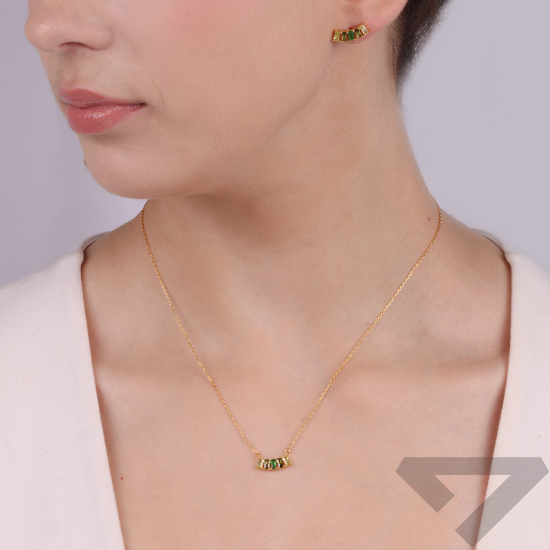 Komplet pozłacany kolczyki i naszyjnik zielone cyrkonie bagiety NI ORZ00187-GIZ00152 GOLD GR próba 925