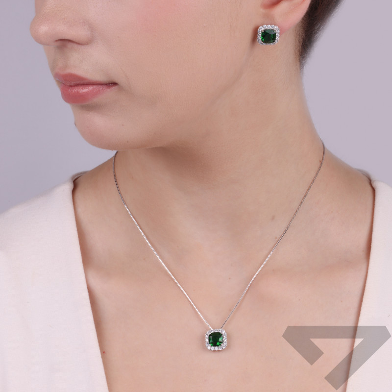 Komplet srebny kolczyki i naszyjnik kwadratowa markiza z zieloną cyrkoniąNI ORZ00141-GIZ00123 ROD GR próba 925