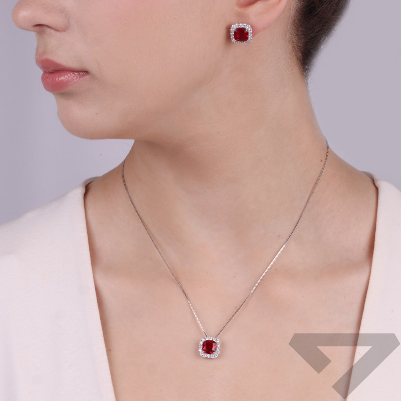 Komplet srebrny kolczyki i naszyjnik kwadratowa markiza z czerwoną cyrkonią NI ORZ00141-GIZ00123 ROD RE próba 925
