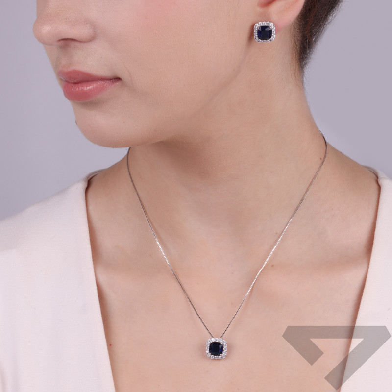 Srebrny Komplet z Szafirową Cyrkonią - Kolczyki i Naszyjnik - JubilerSezam.pl