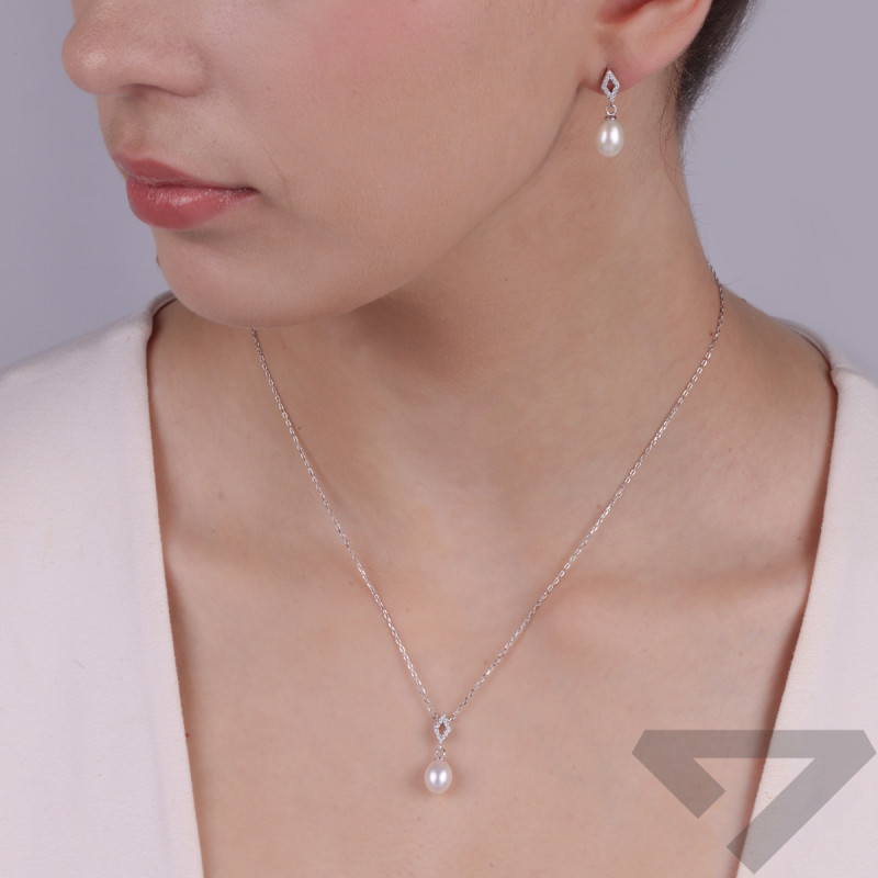 Naszyjnik srebrny biała perła i romb z cyrkoniami/anker NI ORZ00108-GIZ00097 ROD próba 925
